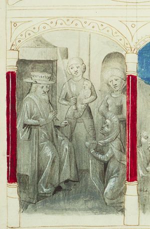 The judgement of Solomon: Solomon gives verdict; he commands a soldier to divide the living child in two; the true mother objects (1st of 3)