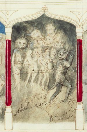 Damned souls tormented in the flaming mouth of hell (2nd of 3)