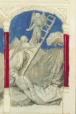 The dream of Jacob: while sleeping on the ground with a stone for pillow Jacob sees a ladder reaching from earth to heaven, with angels ascending and descending (3rd of 3)