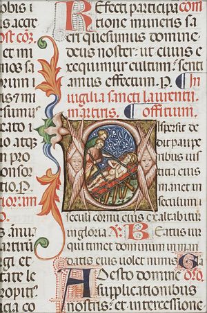 The martyrdom of St. Laurence of Rome: he is roasted on a gridiron