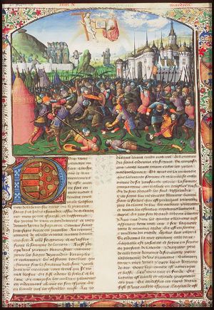 Battle before the gate of a city (the Seven before Thebes?); Arch of Noah on a mountain; construction of a city; a man adoring the Holy Trinity