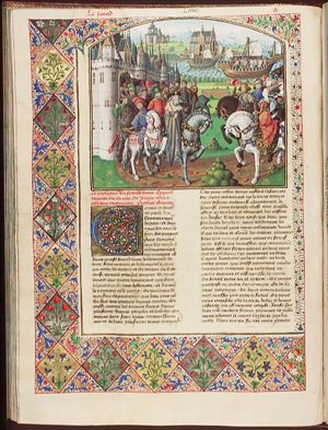 Helene and Paris, on horseback, received by Priam before the city of Troy