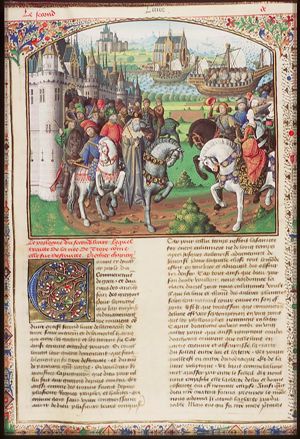 Helene and Paris, on horseback, received by Priam before the city of Troy