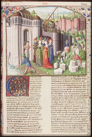 Dido, accompanied by her followers, gives instructions for the construction of Carthage