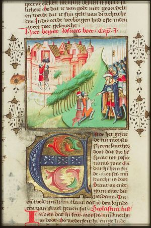 Rahab, whose house was built in the city wall of Jericho, lets the spies down from the window by means of a rope; the spies return to the Israelite camp and report to Joshua