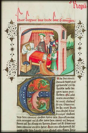 Abishag is brought before David on his sickbed; Bathsheba, Solomon, Nathan before David's death-bed