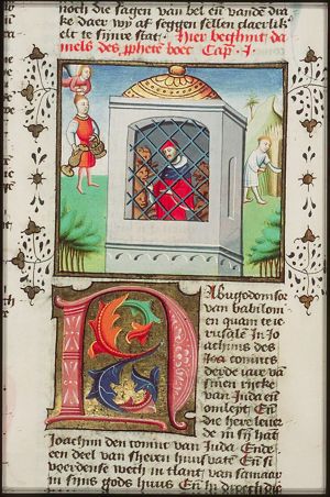 Habakkuk, carried by an angel, brings food to Daniel in the lion's den