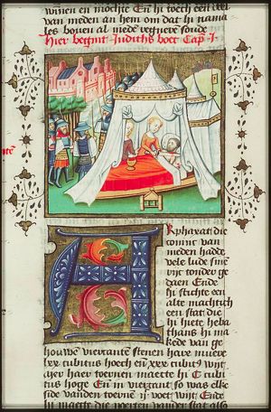 Holofernes beheaded by Judith with his own sword