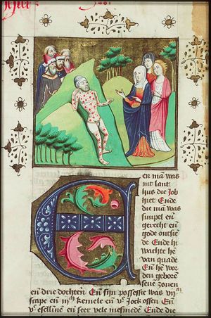 Job on the dung-hill is tormented by his wife and comforted by his friends