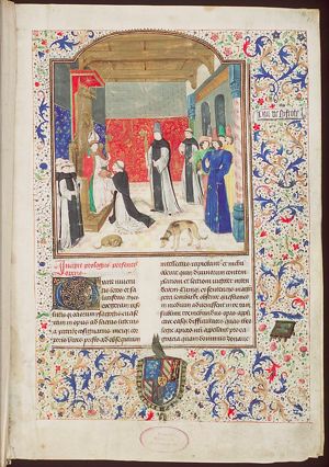 Aegidius de Roya presents the manuscript to David of Burgundy, Bishop of Utrecht [fol. 1r of the modern (Arab) foliation]