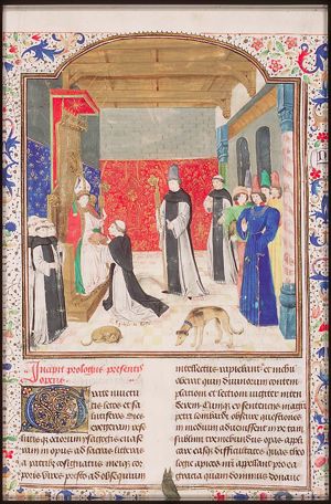 Aegidius de Roya presents the manuscript to David of Burgundy, Bishop of Utrecht [fol. 1r of the modern (Arab) foliation]