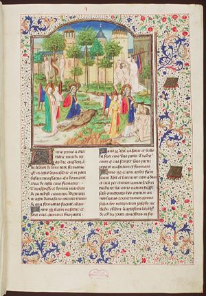 Scenes from the Garden of Eden: creation of Adam; God blesses Adam and Eve; Adam and Eve and the serpent; Adam and Eve expelled from paradise [start of the original (Roman) foliation]