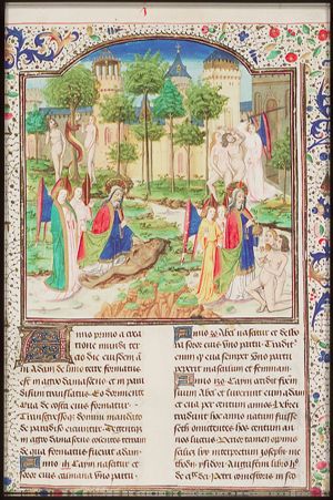Scenes from the Garden of Eden: creation of Adam; God blesses Adam and Eve; Adam and Eve and the serpent; Adam and Eve expelled from paradise [start of the original (Roman) foliation]