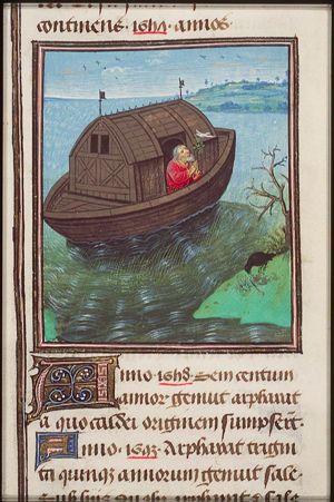 The dove returns with an olive-branch to Noah in the Ark