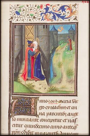 Meeting of Anna and Joachim at the Golden Gate; annunciation to Joachim (background)
