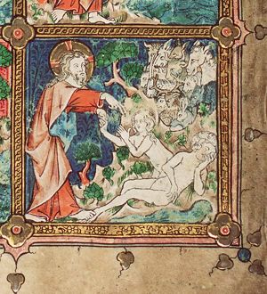 The Creation: God forms Eve from Adam's rib; the creation of the beasts of the field (background) (6th of 6)
