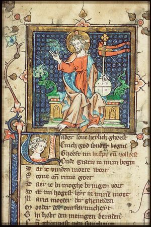 Salvator Mundi: Christ making a blessing gesture and holding an orb with a banner