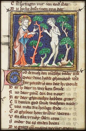 God warns Adam not to eat from the Tree of Knowlegde of Good and Evil
