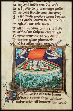 Noah in the ark; angels closing the ark