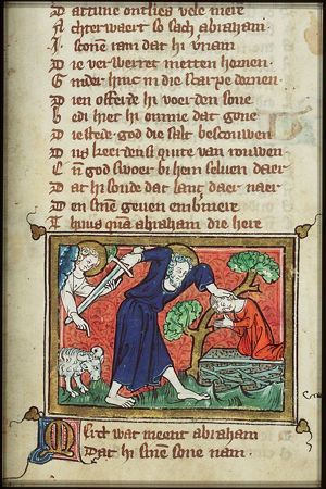 Abraham sacrifices Isaac, an angel restrains his sword