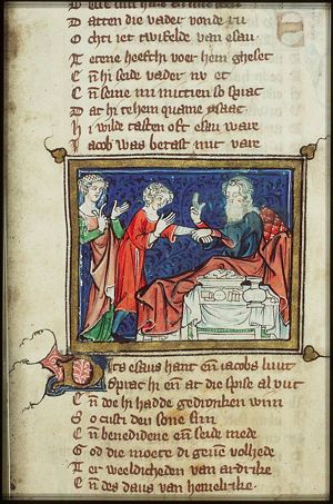 Isaac, sitting in bed, blesses Jacob who, disguised in Esau's clothes, brings food to his father, in the presence of Rebekah; Isaac touches Jacob's arm