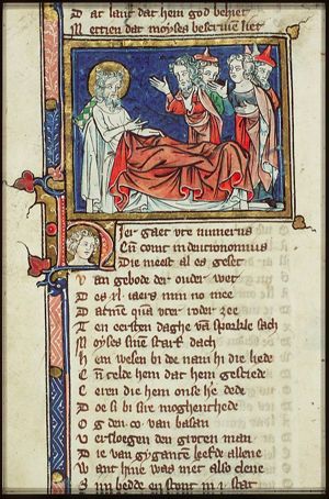 Moses on his deathbed speaking to four Israelites