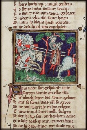 Absalom's death: pursued by Joab, he remains hanging by his hair in an oak-tree and is pierced by spears