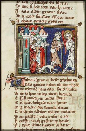Tobias and the angel Raphael taking leave of Tobit and Anna