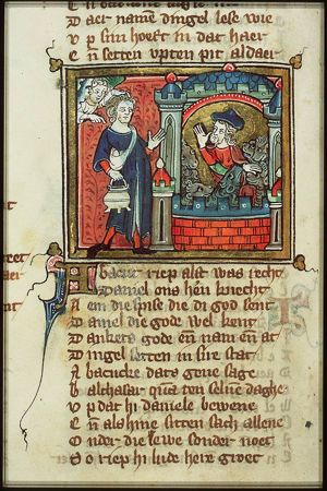 Habakkuk, carried by an angel, brings food to Daniel in the lion's den