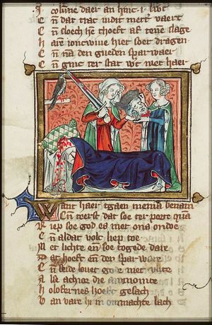 Holofernes beheaded by Judith with his own sword; Judith gives the head of Holofernes to her maid