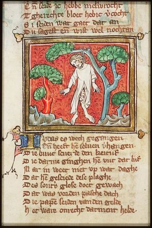Death of Judas: Judas hangs himself from a tree
