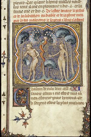 The fall of man: Adam and Eve eat from the Tree of Knowledge of Good and Evil