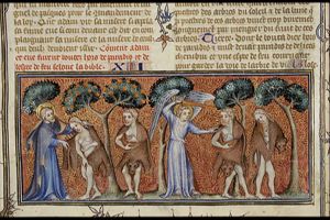 Adam and Eve are clothed by God; expulsion of Adam and Eve from paradise by an angel with a flaming sword