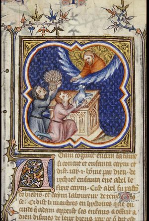 The sacrifices of Cain and Abel: Abel offers a lamb, Cain a sheaf of corn