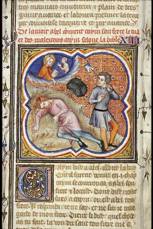 God calls on Cain, who has slain Abel with a spade, to account for his deed