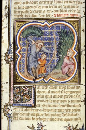 Lamech kills Cain; Cain is accidently shot dead by an arrow of the blind Lamech, who is assisted in the hunt by his son Tubalcain