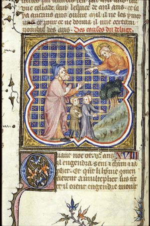 God commands Noah, who is accompanied by his sons Shem and Ham, to build an ark
