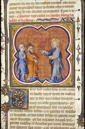 God commands Noah and his wife to embark