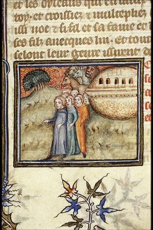 Noah, his family and the animals leave the ark