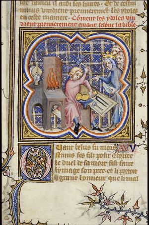 A smithy: Ninus makes an idol of Belus (Bel, Baal)