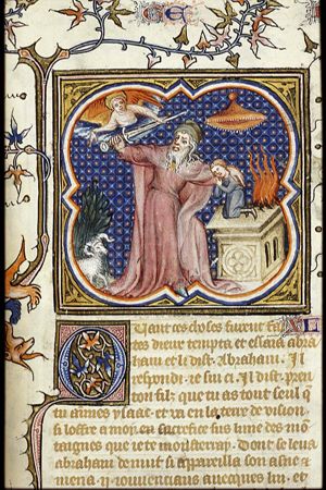 Abraham sacrifices Isaac, an angel restrains his sword