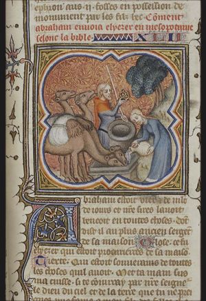 Rebekah gives water to the camels of Eliezer who is holding two rings