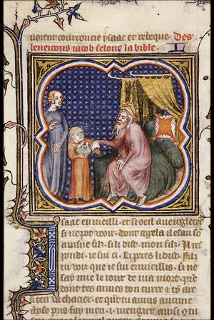 Isaac, sitting in bed, blesses Jacob who, disguised in Esau's clothes, brings food to his father, in the presence of Rebekah; Isaac touches Jacob's arm