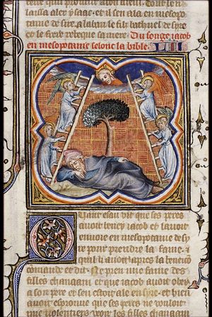 The dream of Jacob: while sleeping on the ground with a stone for pillow Jacob sees two ladders reaching from earth to heaven, with angels ascending and descending and God at the top of the ladders