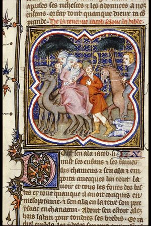 Jacob on his way to Canaan with his family, his flocks, camels, and all his possessions
