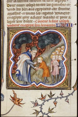 Jacob sends his ten sons to Egypt to buy corn, keeping the youngest, Benjamin, at home