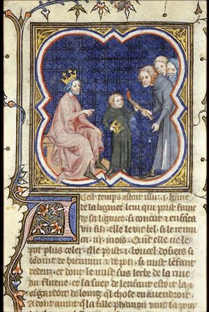 Moses holding a crown and a burning stick (coal)