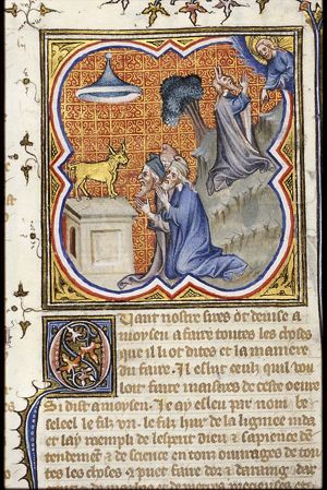 The adoration of the Golden Calf; God speaks to Moses