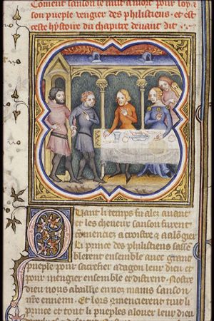 The blind Samson is called out of prison to entertain the feasting Philistines