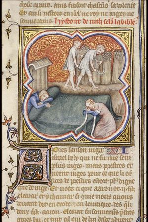 Boaz is asleep; Ruth, having uncovered his feet, lies down; two men mowing (background)
